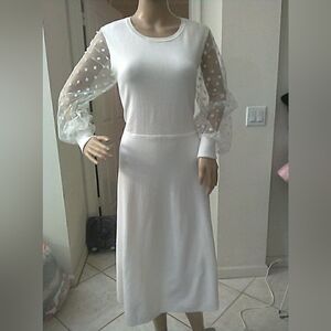 NWOT NINA LEONARD Chic White MIDI Dress W/ Sheer Polka Dot Sleeves SZ. SM FAB!